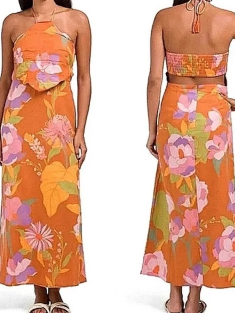 Caroline Constas Orange Floral Strapless Maxi Dress